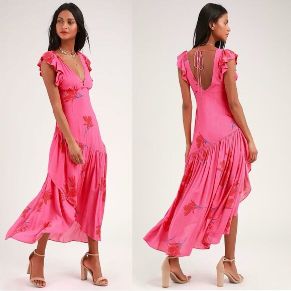 Free People Tropical Hawaiian Hibiscus Hot Pink Floral Maxi Dress Size 0 XS - Picture 3 of 15